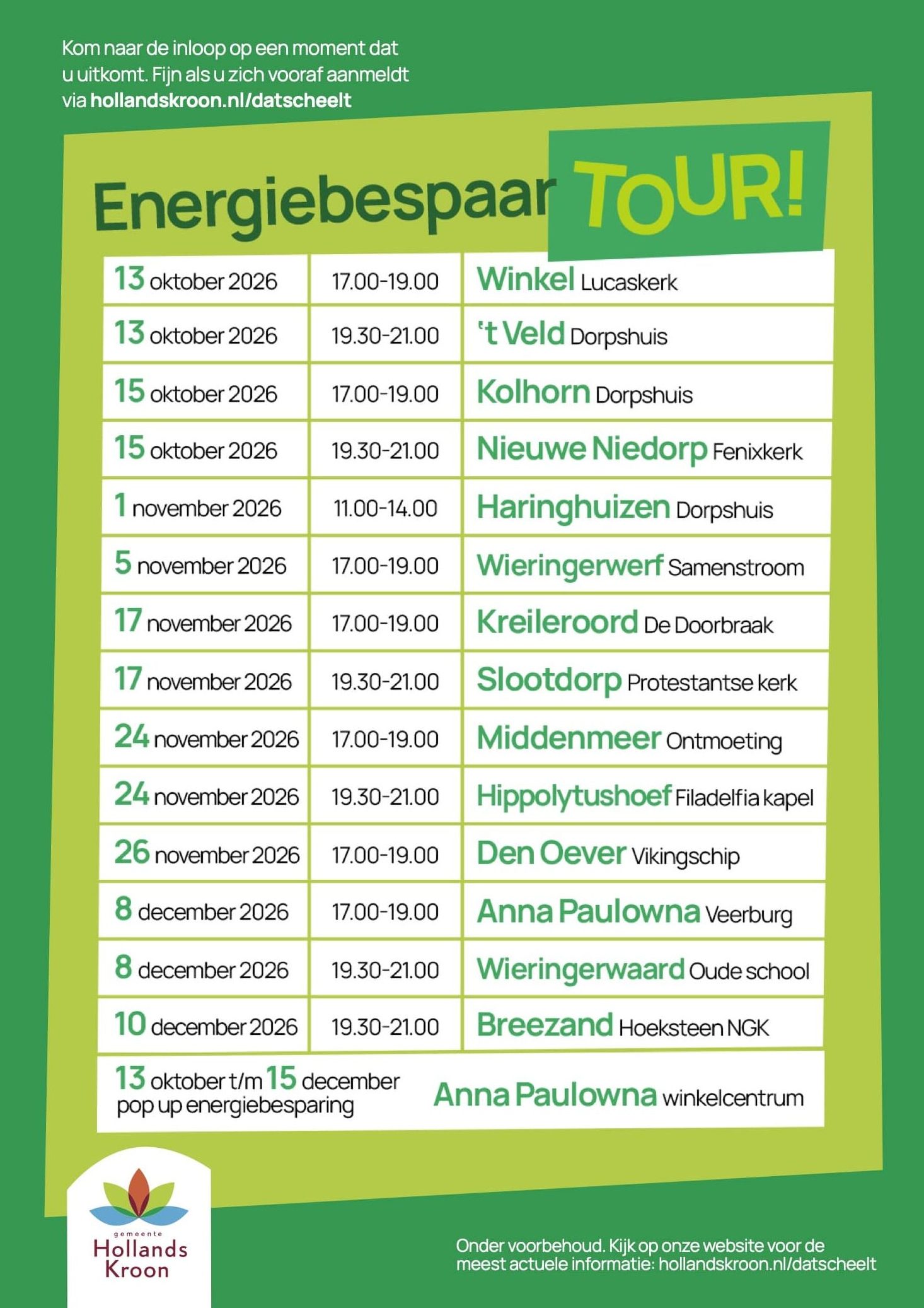 Flyer Energiebespaartour met alle locaties en data